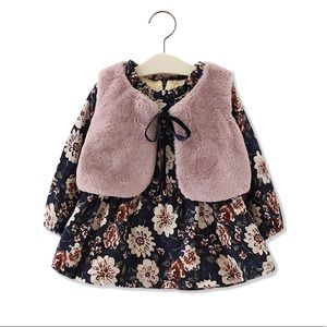 Pat Pat - 2 Pc Floral Dress and Fur Vest Set